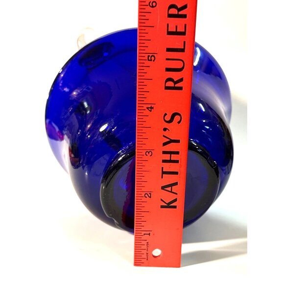 Cobalt Blue Hand-Blown Glass Pitcher & 6 Matching Cups With Swirled Clear Stoppe - Picture 14 of 16